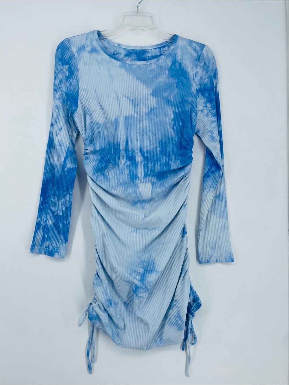 Blue Tie-Dye Ruched Long Sleeve Dress